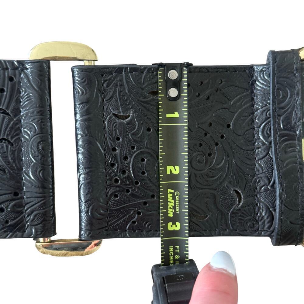 A|Wear Y2K Black Tooled Leather Stretch Waist Belt M/L Gold Buckle Western Boho - Picture 8 of 8